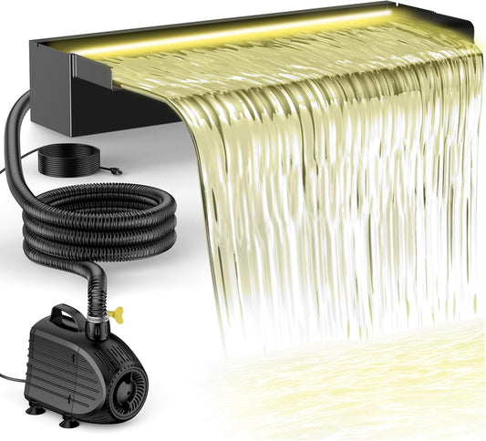 NFESOLAR Pond Waterfall Spillway Kit, Includes 23.6" W Stainless Pond Waterfall Box, 1200 GPH Water Pump, 10FT Corrugated Tubing for Outdoor Ponds Pool Streams up to 3000 Gallons N4611-VerdiqueGarden