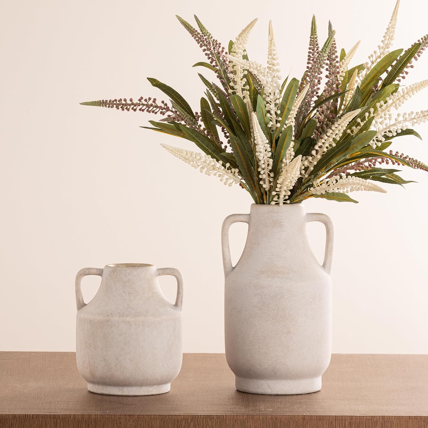 Mitt&Ditt Ceramic Flower Vase with Handles, 8 inch Tall Off-White Vase, Decorative Terracotta Vases, Farmhouse Rustic Pottery Vases for Home Decor, Living Room, Table-VerdiqueGarden