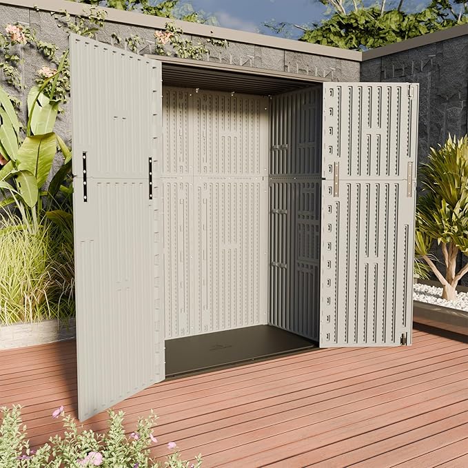 HOMSPARK Outdoor Storage Shed Weather Resistance, Patio Storage Cabinet Lockable Resin Tool Shed for Storage of Bike, Trash Cans, Garden Tools (Light Gray, 66 Cu.ft)-VerdiqueGarden