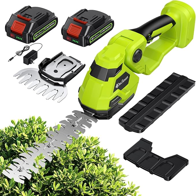Hedge Trimmer Cordless with Battery, 2-in-1 Electric Handheld Grass Shear Cutter with 2 Pack Rechargeable Battery, Mini Bush Trimmer Kit for Garden Yard Lawn Pruning, Green-VerdiqueGarden