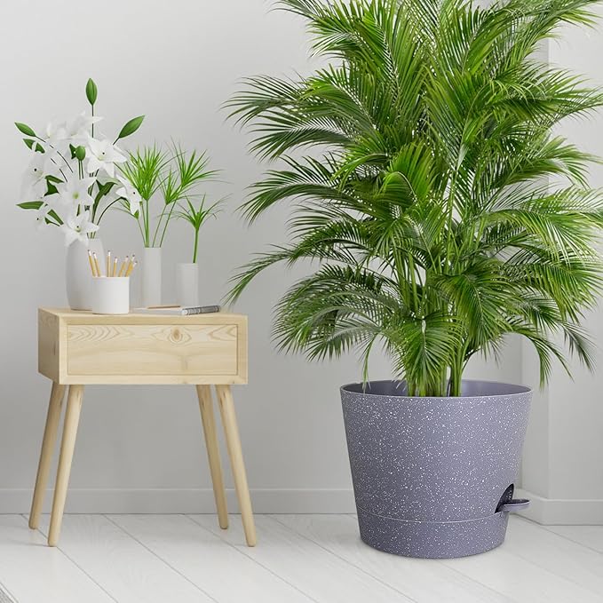 12 inch Large Self Watering Pots for Indoor Outdoor Plants, Plant Pots with Mesh Drainage Holes for Garden House Plants, Plastic Planters with Reservoir for Flower, Speckled Grey-VerdiqueGarden