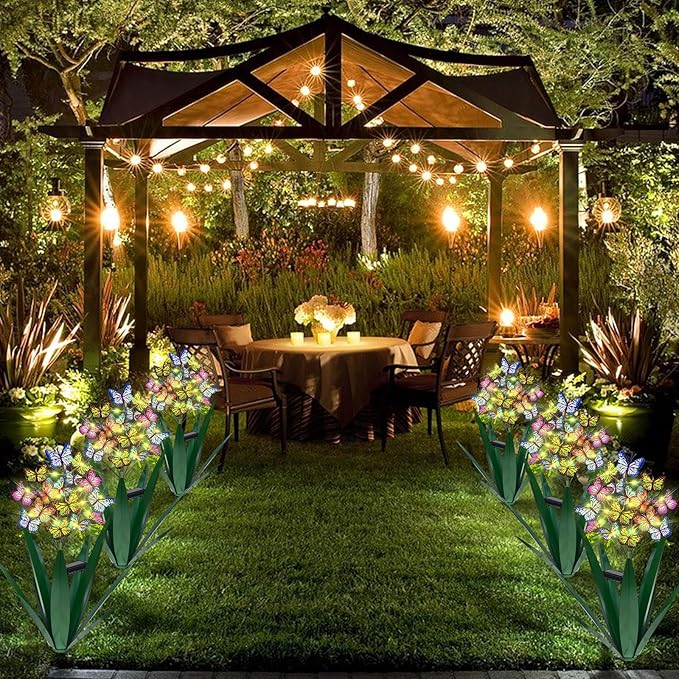 Homight Solar Metal Agave Butterfly Flower Stick Garden Sculpture - Outdoor Gift, Christmas Lights, Swaying Butterfly Sunflower Lights - Solar Outdoor (2 pcs Green)-VerdiqueGarden