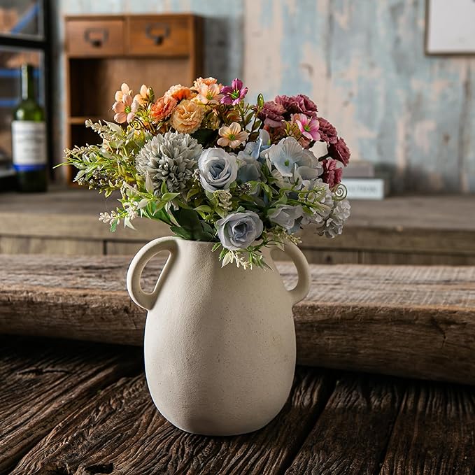 Off-White Ceramic Vase with 2 Handles, Sandstone Texture for Modern Farmhouse Decor, Rustic Pottery, Decorative Flower Vase, Clay Small Vase, Centerpiece for Dining Table - 7 Inch Tall-VerdiqueGarden