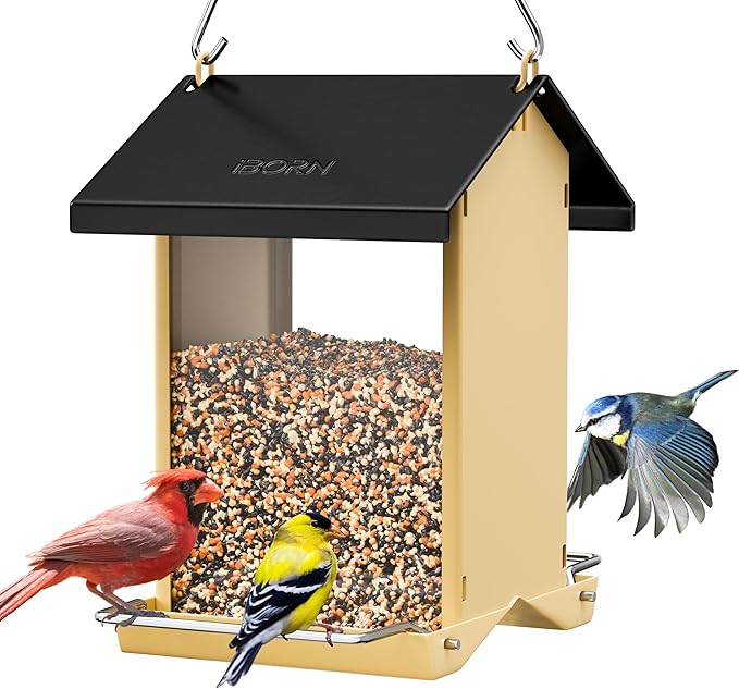 iBorn Bird Feeders for Outdoors,Bird House Feeder with Weatherproof Metal Roof & 8 Drain Holes,Fully Detachable Birdfeeder Design,Easy Clean & Refill,Chew-Proof PC Windows,1.5 Lbs Capacity,Black Roof-VerdiqueGarden