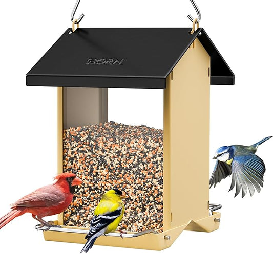 iBorn Bird Feeders for Outdoors,Bird House Feeder with Weatherproof Metal Roof & 8 Drain Holes,Fully Detachable Birdfeeder Design,Easy Clean & Refill,Chew-Proof PC Windows,1.5 Lbs Capacity,Black Roof-VerdiqueGarden