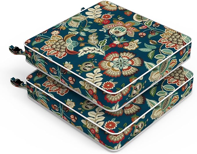 LVTXIII Patio Chair Cushions 22"x22"x3", Water-Repellent Outdoor Seat Cushions for Patio Furniture, Square Chair Pads with Ties for Home Garden Decoration, Set of 2, Peacock Blue-VerdiqueGarden