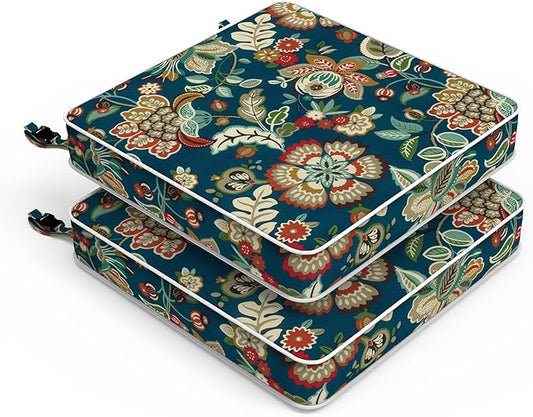 LVTXIII Patio Chair Cushions 22"x22"x3", Water-Repellent Outdoor Seat Cushions for Patio Furniture, Square Chair Pads with Ties for Home Garden Decoration, Set of 2, Peacock Blue-VerdiqueGarden