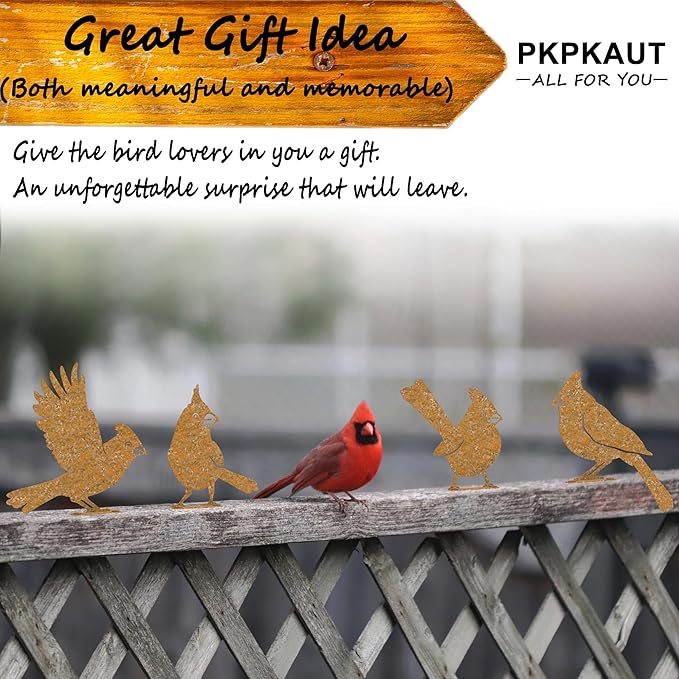 5Pcs Metal Birds Cardinal Craft Statue Ornaments Fence Topper Decor, Rusty Birds Metal Art for Fence Decorations Outdoor, Metal Bird Silhouette with Rusty Yard Art-VerdiqueGarden