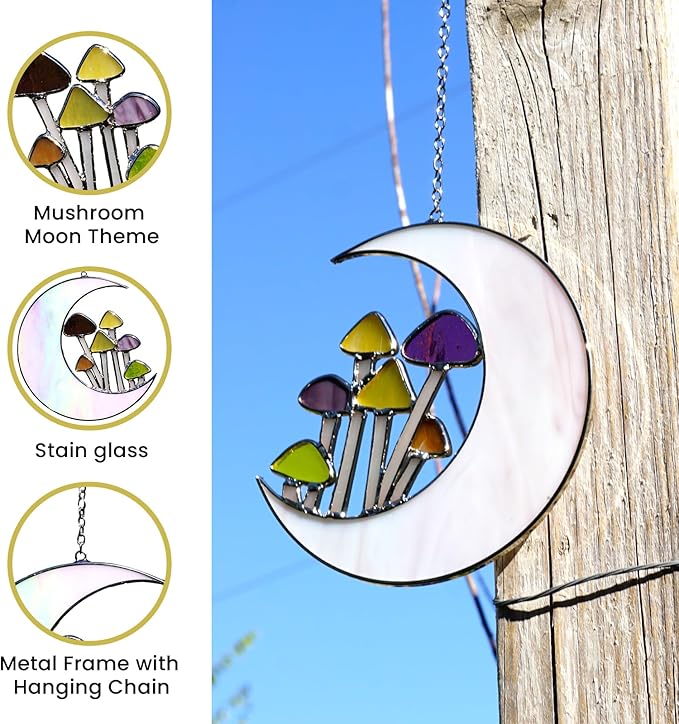Sensory4U Mushroom Moon Stained Glass Suncatcher - Earth Tone Modern Window Hanging Wall Art - Home Decor or Garden Suncatcher for Natural Light Reflection-VerdiqueGarden