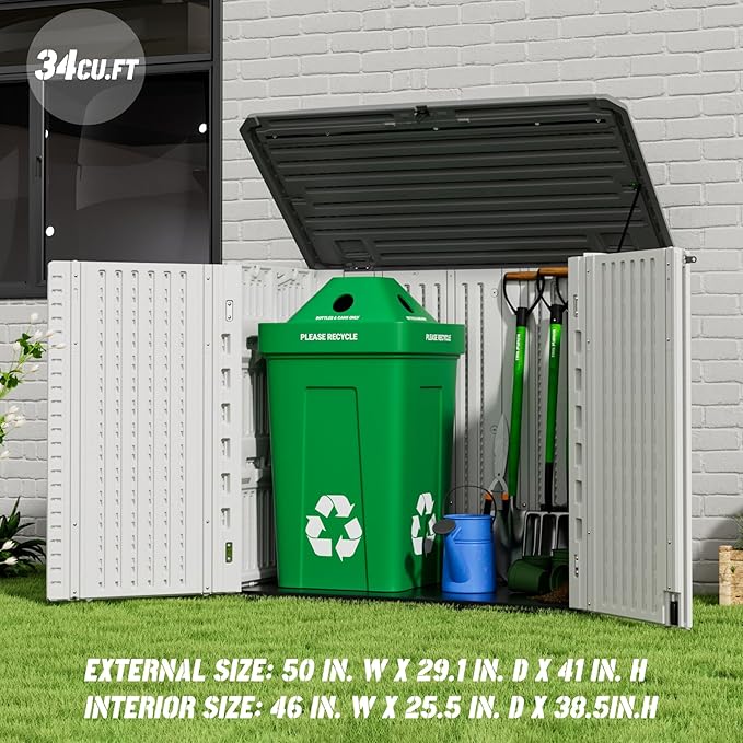 Outdoor Patio Storage Shed,Waterproof Horizontal Outdoor Storage Cabinet for Garbage Cans,Tools and Lawnmower Lockable(34 Cu.ft-Warm-White)-VerdiqueGarden