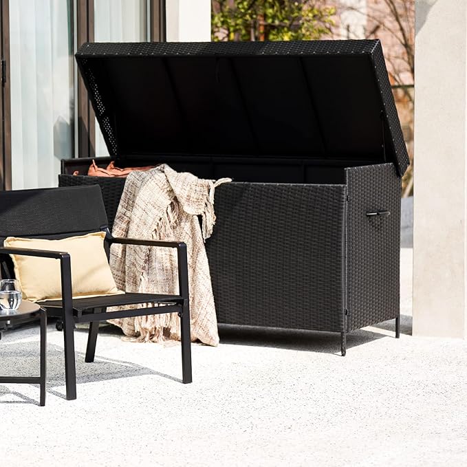 Grand patio 170 Gallon Deck Storage Box Deck Box Outdoor Storage Box Indoor Wicker Storage Bin Patio Storage Box for Patio Furniture Cushions Garden Tools Pool Accessories, Black-VerdiqueGarden