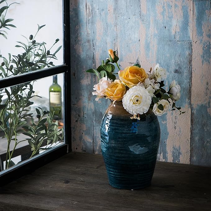 Blue Floor Vase, Ceramic Glazed Large Vase for Modern Farmhouse Home Decor, Rustic Terracotta Pottery, Vintage Clay Vase for Living Room Entryway Centerpiece-VerdiqueGarden