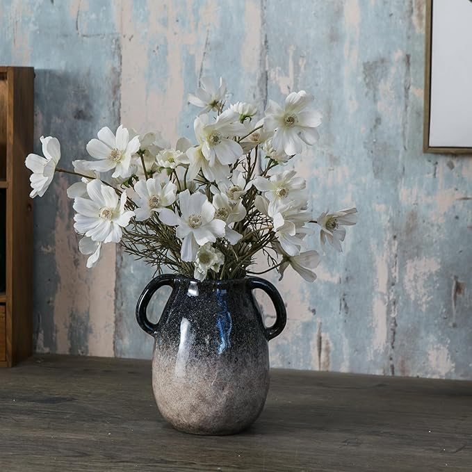 Blue Gradient Ceramic Vase with 2 Handles, Modern Farmhouse Decor, Rustic Terracotta Pottery, Decorative Clay Flower Vase, Centerpiece for Dining Table - 7 Inch-VerdiqueGarden
