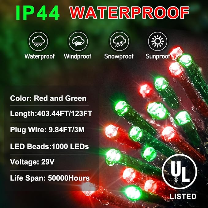 KNONEW 403FT 1000 LED Christmas String Lights Outdoor Green Wire Fairy Light 8 Modes & Timer Plug in Waterproof LED String Lights for Xmas Yard Tree Wedding Party Holiday Decorations (Red and Green)-VerdiqueGarden