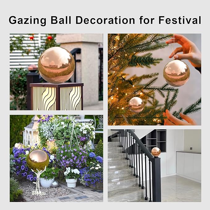 Nerien Gazing Ball, Stainless Steel Garden Mirror Globe, Polished Ornament Sphere, Hollow Floating Reflective Hemisphere, for Home Outdoor Pond Housewarming Swimming Pool Decoration, Rose Gold, 10Pcs-VerdiqueGarden