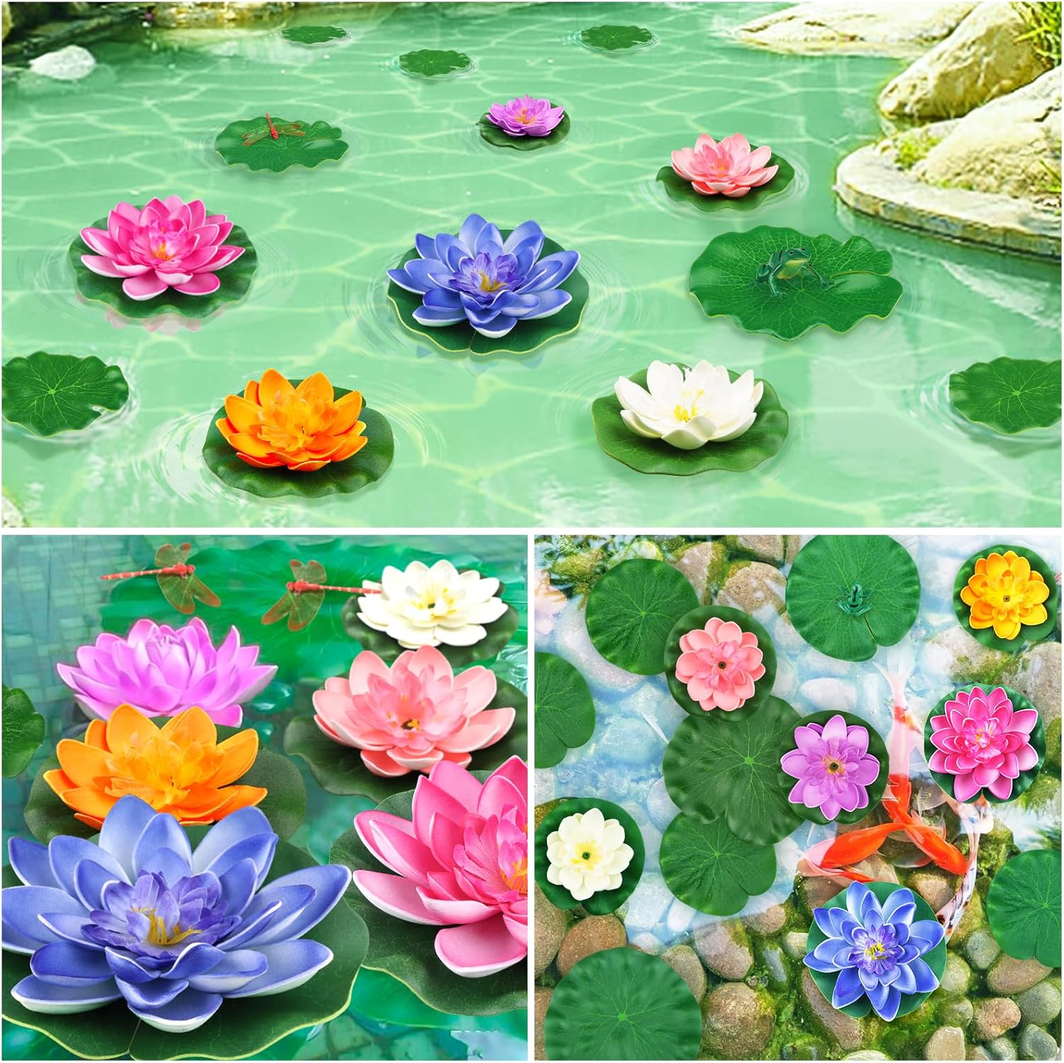 22 Pack Artificial Floating Foam Lotus Flowers with Artificial Frog Lotus Leaves, Lily Pads for Lake, Pond Plants Ornaments for Pool Water Decoration, Colorful-VerdiqueGarden