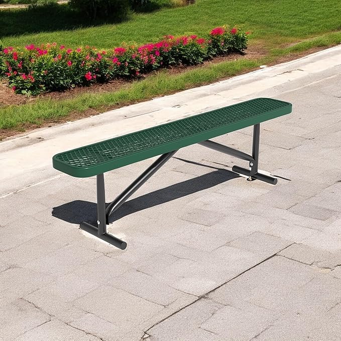 72" L Outdoor Steel Flat Bench, Heavy Duty Metal Park Bench for Outside, Expanded Metal, Commercial Benches Mesh Bench for Shopping Mall, Store, Lawn, Park, Patio, Deck, Garden (Green, 6FT)-VerdiqueGarden