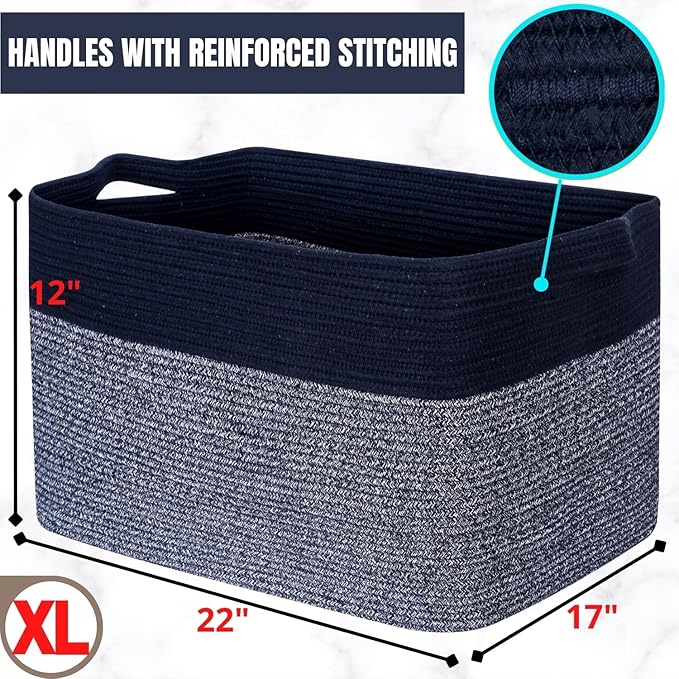 MINTWOOD Design 22in Extra Large Blanket Basket Holder for Living Room, Rectangle Rope Woven Storage Bin with Handles for Laundry, Pool Towels, and Shoes, Dog Toy Box Organizer, Navy Blue-VerdiqueGarden