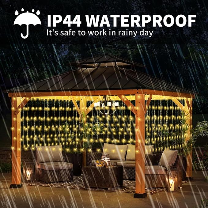 32.8 * 3.28FT Large Size Solar Curtain Lights Outdoor, 8 Modes Icicle Lights, Garden Christmas Decortions for Patio, Gazebo, Eaves, Fence, Tree, Porch (Warm White)-VerdiqueGarden