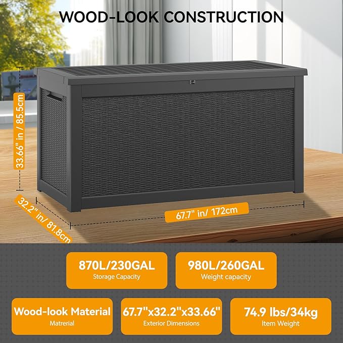 KAMABOKO 260 Gallon Outdoor Storage Box, Resin Deck Boxes Indoor and outdoor, Waterproof Storage Box Lockable Lid for Garden Tools, Package Delivery, Patio Cushions, Black-VerdiqueGarden