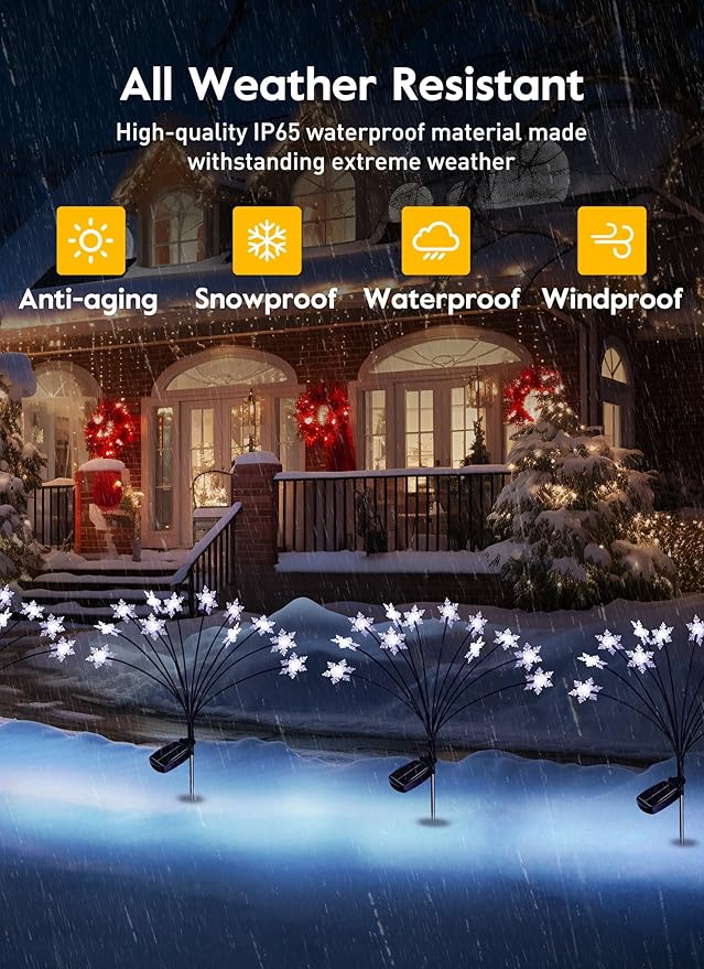 Brightown Christmas Pathway Lights - 4 Pack 48 LED Snowflake Outdoor Lights With 2 Modes, Waterproof Solar Firefly Decoration for Yard, Cool White-VerdiqueGarden