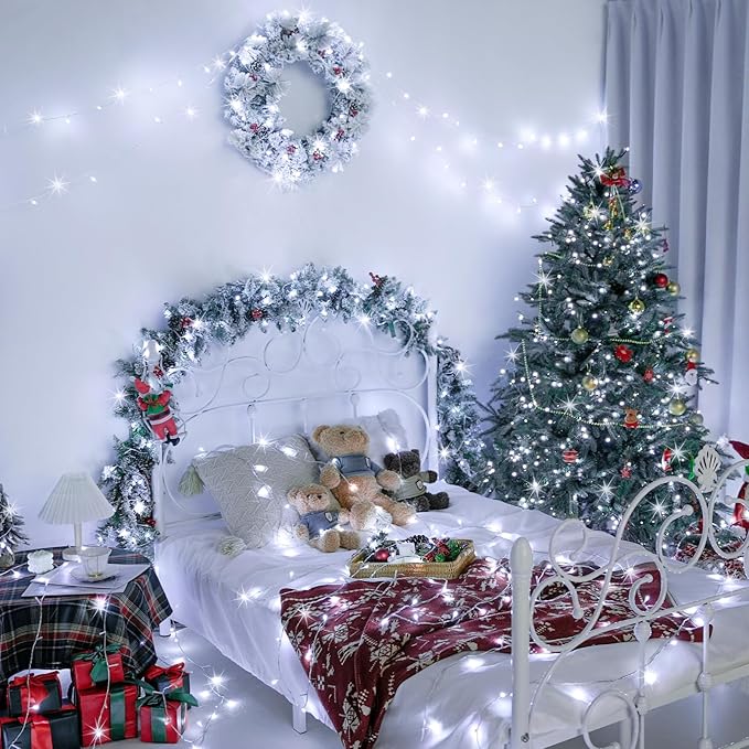 JMEXSUSS 33ft 100 LED White Christmas Lights, 8 Modes Connectable Clear Wire Twinkle Fairy String Lights Indoor, Plug-in Christmas String Lights Outdoor Waterproof for Christmas Wedding Party Tree-VerdiqueGarden