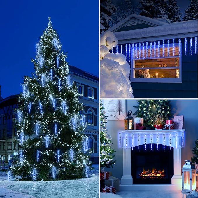 Icicle Lights Outdoor, 19.8Ft Meteor Shower Lights with 20 Tubes, Snowfall Shooting Star Light Effect, Falling Cascading Crystal Christmas Decorations for House, Eave, Roofline, Patio, Blue-VerdiqueGarden