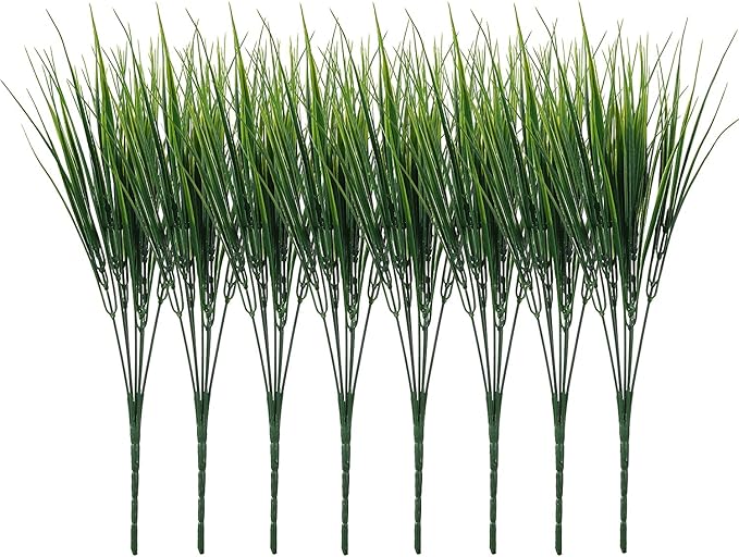 8 Pack Artificial Plants Flowers Grass Shrubs No Fade Faux Plastic Flowers Outdoor for Farmhouse Garden Porch Patio Indoor Wedding Decoration Greenery Fake Plants uv Resistant (3#Green)-VerdiqueGarden