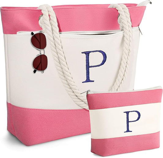 YOOLIFE Beach Bags for Women - Initial Tote Waterproof Bag with Makeup Bag, Mothers Day Gifts for Women Mom Friend Birthday-VerdiqueGarden