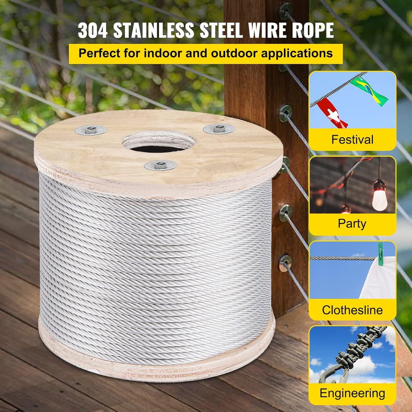 VEVOR 3/16 T304 Stainless Steel Cable 250FT, 3700 LBS Breaking Strength Cable Railing System Wire Rope Aircraft Deck Railing Kit Fence Wire-VerdiqueGarden