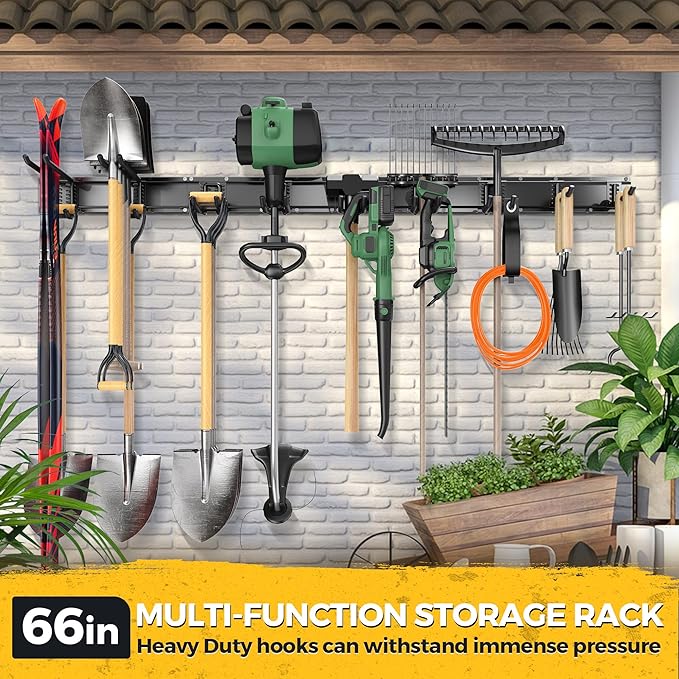 LBT 66" Garage Tool Organizer Wall Mount - 720lbs Garden Tool Organizer with Adjustable Hooks, Heavy Duty Metal Garage Storage Rack, Anti-Rust Shed Rack Holder Hanging Rake Broom Mower Snowboard-VerdiqueGarden