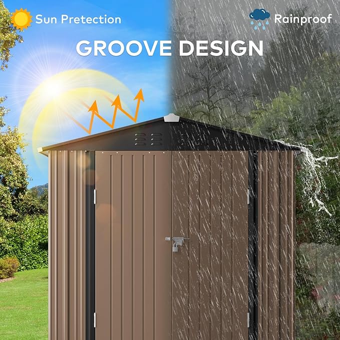 Gizoon Outdoor Storage Shed 6 x 4 FT, Galvanized Metal Garden Shed with Double Lockable Doors, Outdoor Storage Clearance for Backyard Patio Lawn-Light Brown-VerdiqueGarden