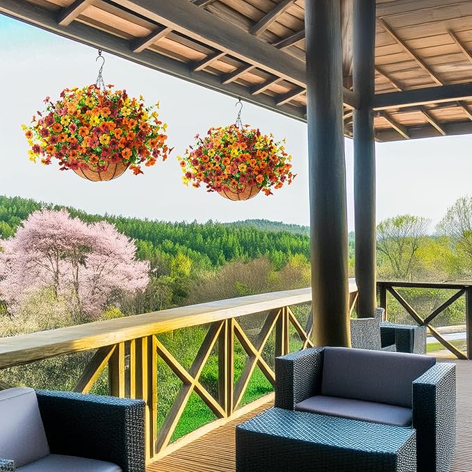 Artificial Fake Hanging Plants Flowers Basket, Faux Silk Daisy in Planter Realistic UV Resistant for Outside Home Patio Balcony Yard Spring Outdoor Decoration (Orange Brown Yellow)-VerdiqueGarden