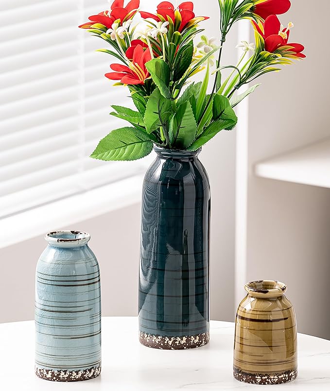 Ceramic Vase Set of 3, Farmhouse Decorative Vase for Pampas Grass, Living Room, Bathroom,Bookshelf, Centerpieces (Blue/Navy Blue/Yellow)-VerdiqueGarden