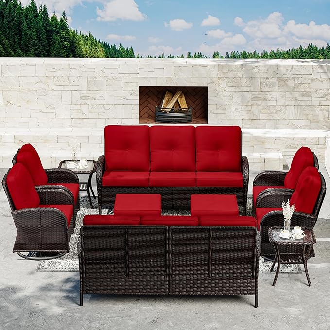 Joyside 10 Piece Patio Furniture Set, Outdoor Wicker Conversation Sets with Swivel Rocker Chairs and Sofa, Thick Cushion, Rattan Patio Sectional for Porch, Deck Use (Brown/Red, 10 PCS)-VerdiqueGarden