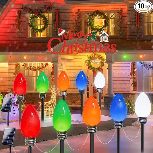 10-Pack Jumbo C9 Solar Christmas Lights, Upgraded LED Outdoor Christmas Decoration, Larger Muticolor Bulbs Solar Lights Outdoor Waterproof for Outside Path Garden Holiday Yard Patio Decor (Multicolor)-VerdiqueGarden