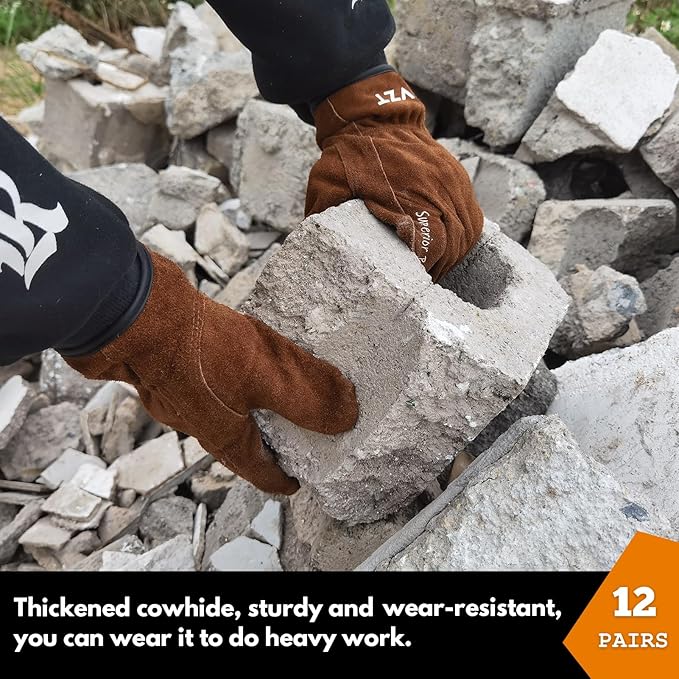 12 Pairs Bulk Leather Work Gloves for Men or Women for Gardening, Construction, Truck, Driving, Farm, Ranch, Woodworker, Soft, Cowhide Thickened, Water Resistant, Brown, Medium-VerdiqueGarden