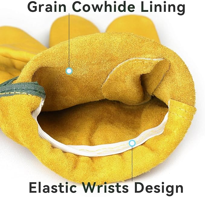 OZERO 5 Pairs Leather Work Gloves Flex Grip Tough Cowhide Gardening Glove for Wood Cutting/Construction/Truck Driving/Garden/Yard Working for Men and Women (Gold,Small)-VerdiqueGarden