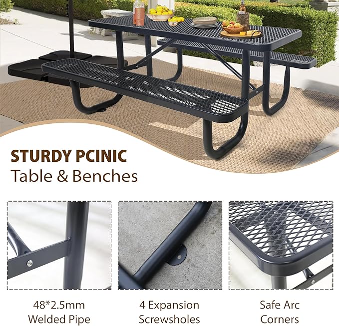 6FT Metal Picnic Tables for Outdoors, Commercial Rectangular Picnic Table and Bench Set for Outside, Patio, Garden, Backyard, Porch, Surface Mount, Black-VerdiqueGarden