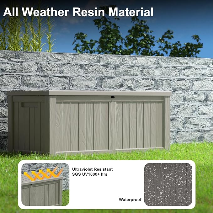 120 Gallon Deck Box,Resin Outdoor Storage Box with Lockable for Patio Furniture, Pool Accessories, Garden Tools Waterproof Outside Storage Box, Grey-VerdiqueGarden