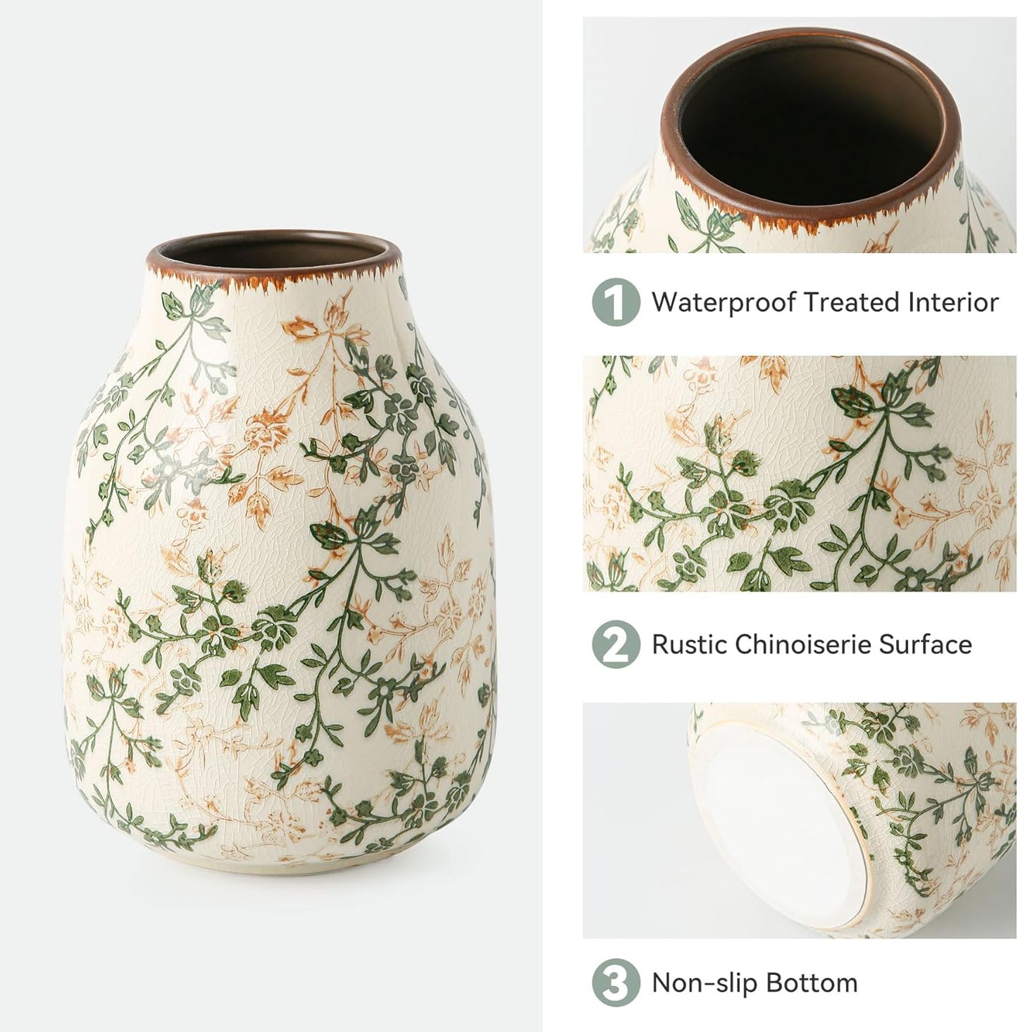 Green and Beige Vintage Vase, Chinoiserie Floral Vase, Rustic Ceramic Large Vases for Home Decors, Living Room, Bookshelf, Office, Grand Millennial Decor, Chinoiserie Decors, Tuscan Decor 7.8 Inch-VerdiqueGarden