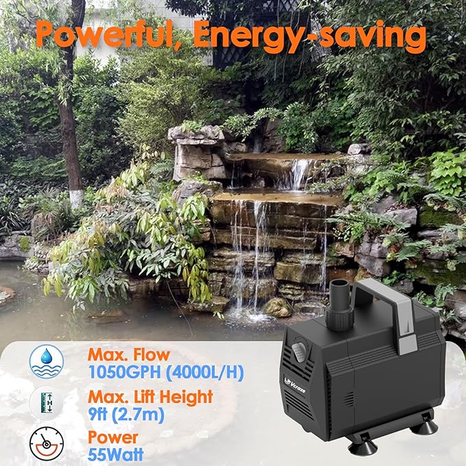 Submersible Water Pump 1050GPH/55W Fountain Pumps with Flow Control, Pond Pump Submersible Outdoor with 10ft 3-Core Power cable for Hydroponics, Aquarium, Waterfall, Statuary, Water feature-VerdiqueGarden