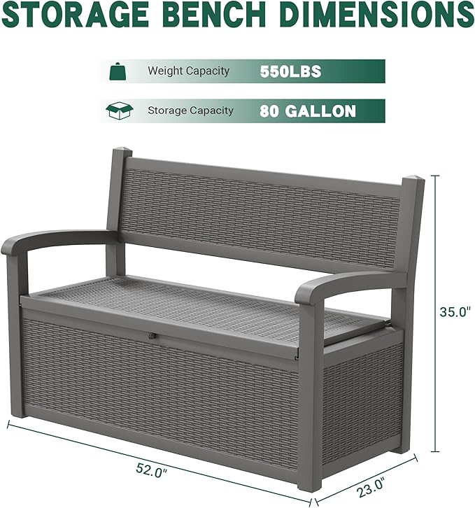 80 Gallon Outdoor Storage Box, Resin Patio Furniture with Armrest, Lockable Deck Box with Waterproof and UV Resistant for Patio Cushions, Garden Tools and Pool Supplies, Grey-VerdiqueGarden