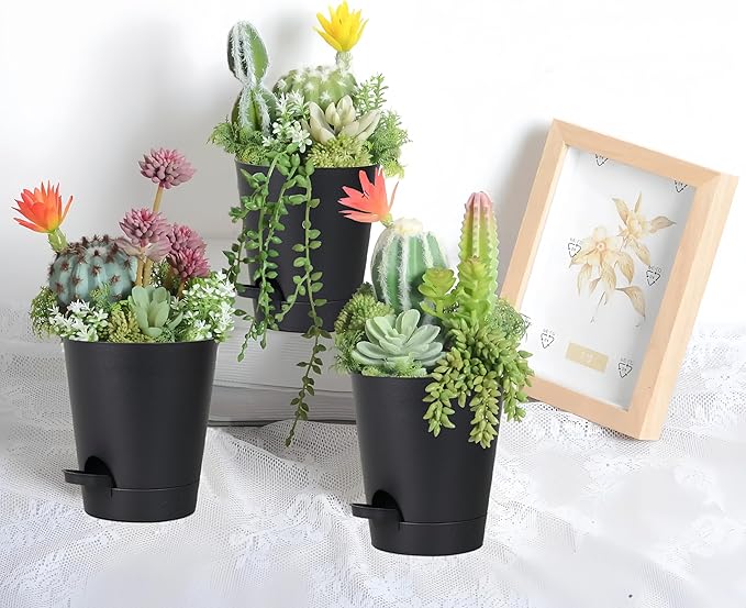 12 Pack 4 Inch Self Watering Plant Pots with Drainage and Saucers，Plastic Flower Pots for Indoor and Outdoor Plants, Nursery Planters for Houseplants and Herbs Black, 4 inch 12pcs-VerdiqueGarden