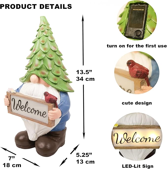 Garden Gnome Statue with Solar Lights, 13.5” Welcome Sign Gnome Outdoor Decor for Yard Lawn Patio, Funny Resin Gnome Sculptures, Gifts for Women Mom Grandma,Garden Decor Ornament-VerdiqueGarden