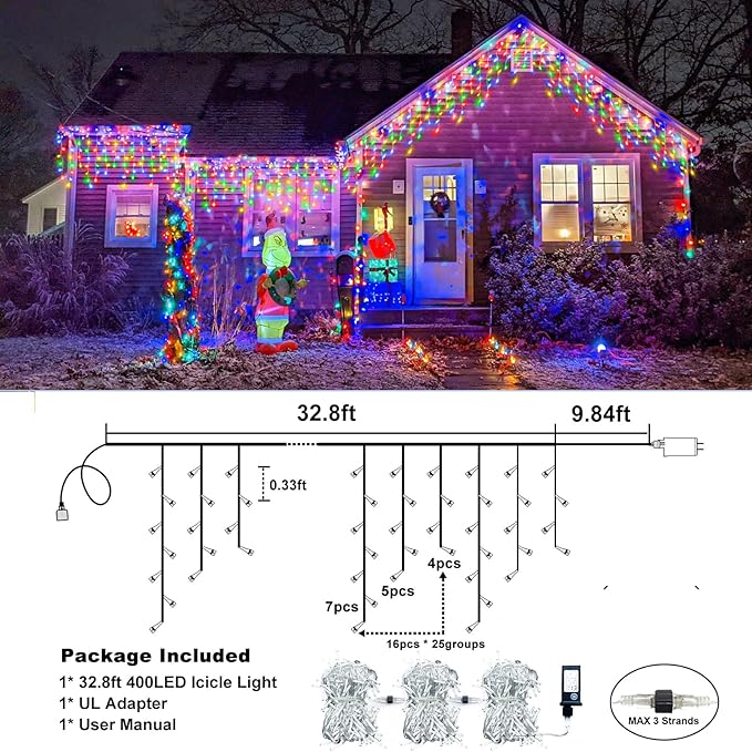 Icicle Lights for Outside, 33FT 400 LED Christmas Lights Outdoor Indoor with 8 Modes 75 Drops, Waterproof Connectable Twinkle String Light for Patio Yard Garden Wedding Party Decor, Multicolor-VerdiqueGarden