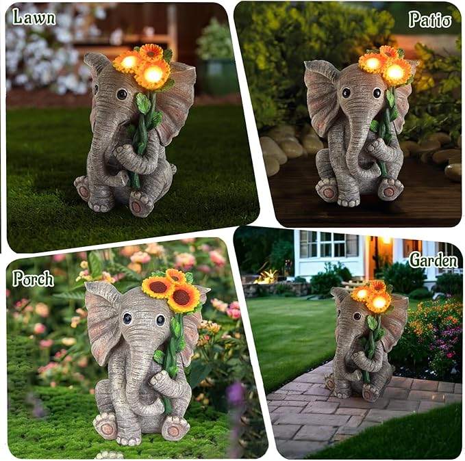 Outdoor Sculpture Figurine Statue Elephant Decor,Solar Garden Statues for Patio Home Yard Decor,Good Luck Sunflower Elephant for Women, Mom Gifts Housewarming Gift-VerdiqueGarden