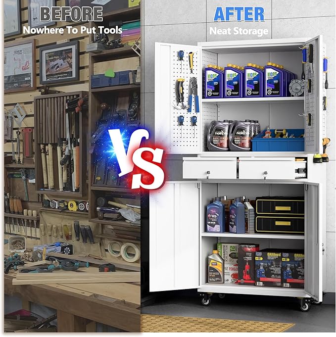 Metal Garage Storage Cabinet with Locking Doors and 2 Adjustable Shelves, Rolling Tool Storage Cabinet with 4 Wheels and 2 Drawer for Garage, Warehouse, White, Assembly Required-VerdiqueGarden