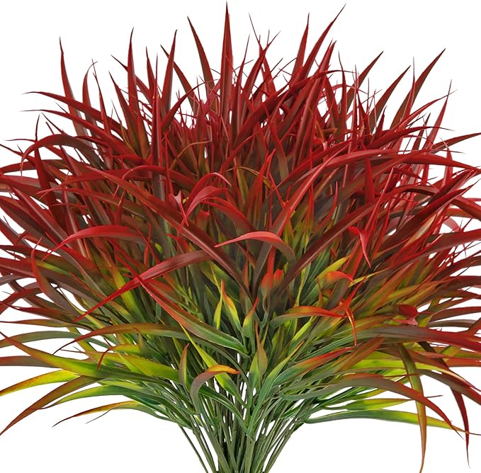 Ouddy Decor 16 Bundles Artificial Plants Outdoor Fake Grass Greenery Stems UV Resistant Faux Plastic Plants Shrubs for Autumn Home Garden Pathway Farmhouse Front Porch Harvest Thanksgiving Decor, Red-VerdiqueGarden
