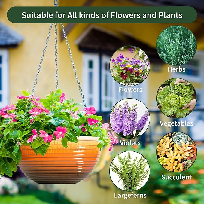 12 inch Hanging Planters for Indoor Outdoor Plants, 2 Pack Large Hanging Flower Pots with Drainage Holes and Chain, Glazed Hanging Baskets for Home Garden Decoration, Orange-VerdiqueGarden